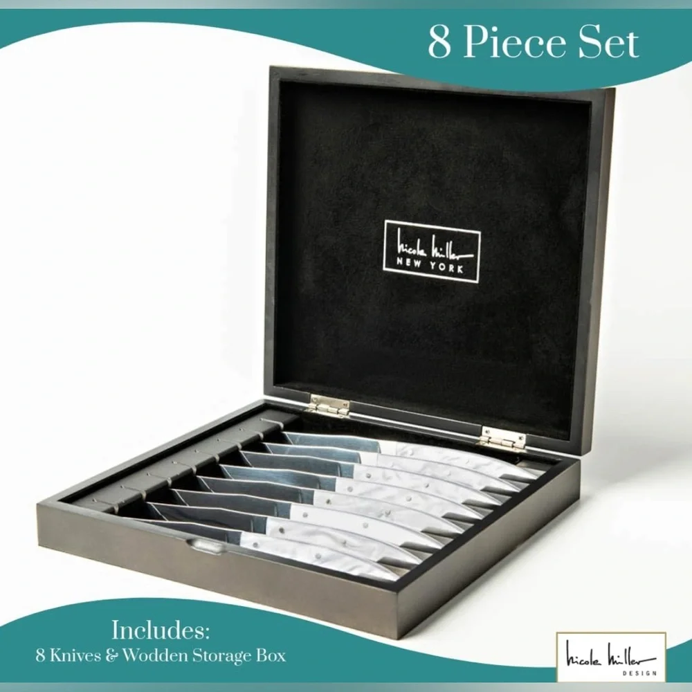 NEW Nicole Miller 8-Piece French Style Steak Knife Set With Elegant Wooden Case